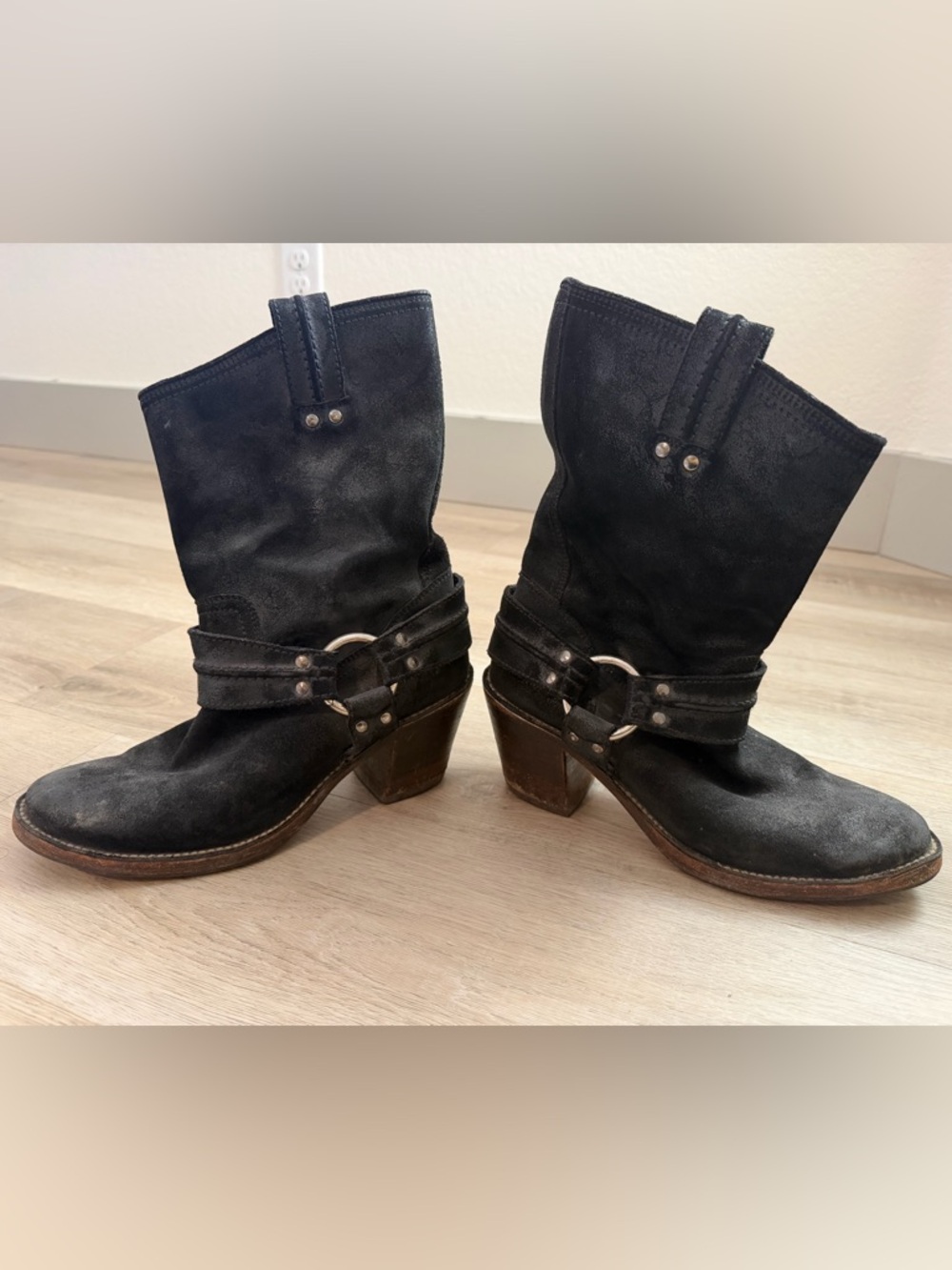 Frye Black Suede Harness Heeled Boots - Women - Picture 2 of 3